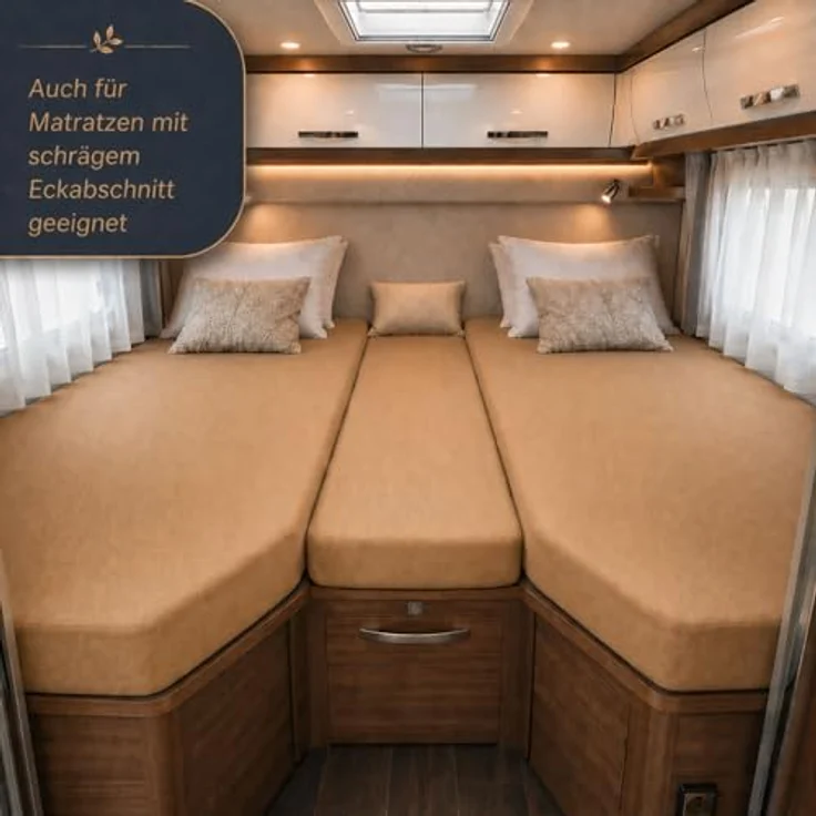 Frottee Spannbettlaken für Wohnmobile Heckbett 3-teilig 2 Längsbetten + 1 Mittelteil Sand – Bild 4