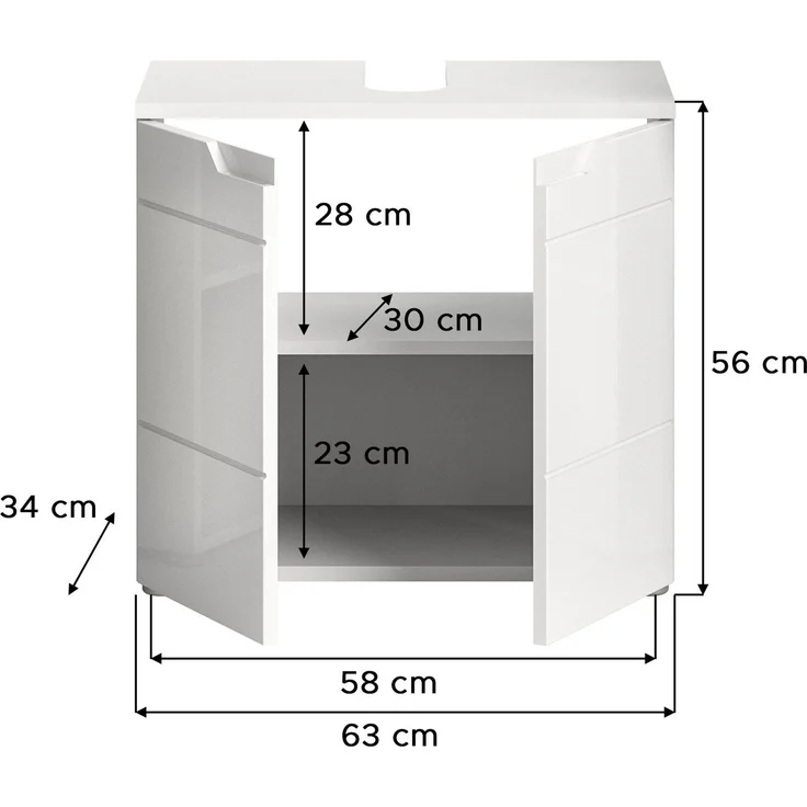 xonox. home Bad Solero X7WA9705 Waschbeckenunterschrank Badunterschrank Badezimmerschrank in Weiß Nachbildung und weiß Hochglanz tiefzieh, ca. B/H/T: 63 x 59 x 34 cm – Bild 3