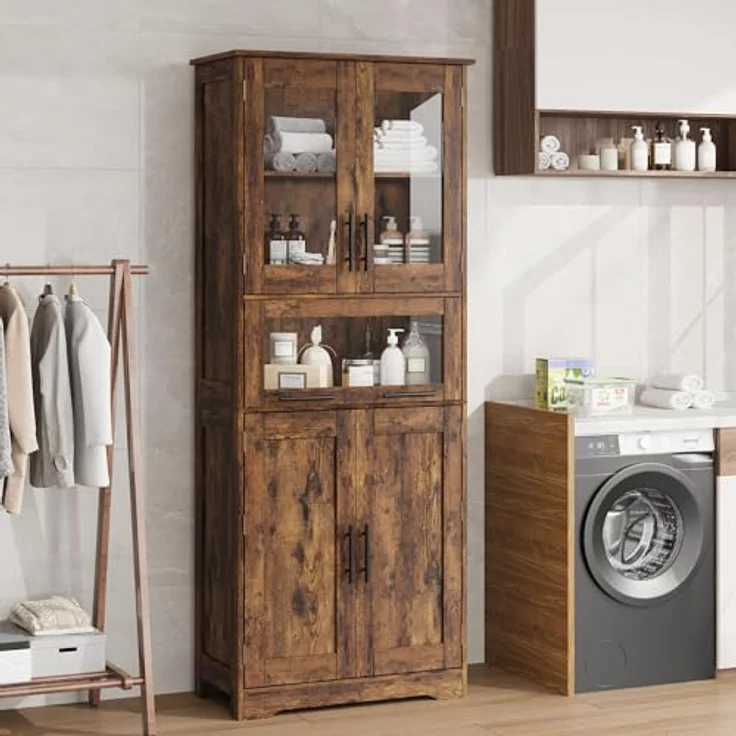 GarveeLife Badezimmerschrank Badschrank Hochschrank für Badezimmer Arbeitszimmer, Mehrzweckschrank Küchenschrank mit 4 Türen und 1 Schubladen Holz 67 x 30 x 170 cm, Vintage – Bild 7