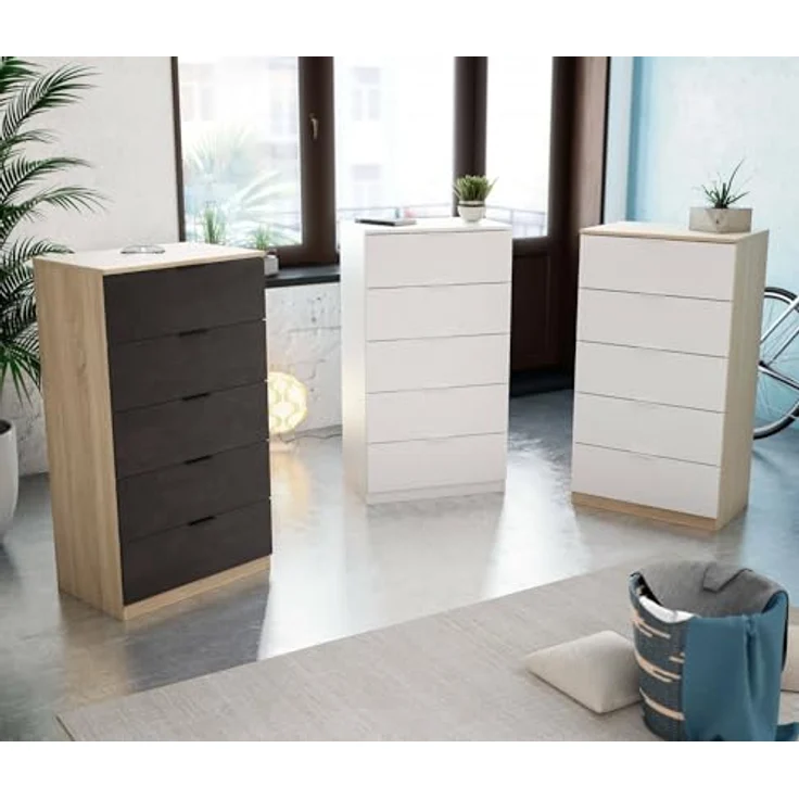 Dmora - Mesquite-Kommode, Kommode mit 5 Schubladen, Kommode für das Schlafzimmer, moderne Kommode, 60x40h110 cm, Eiche und Anthrazit – Bild 5