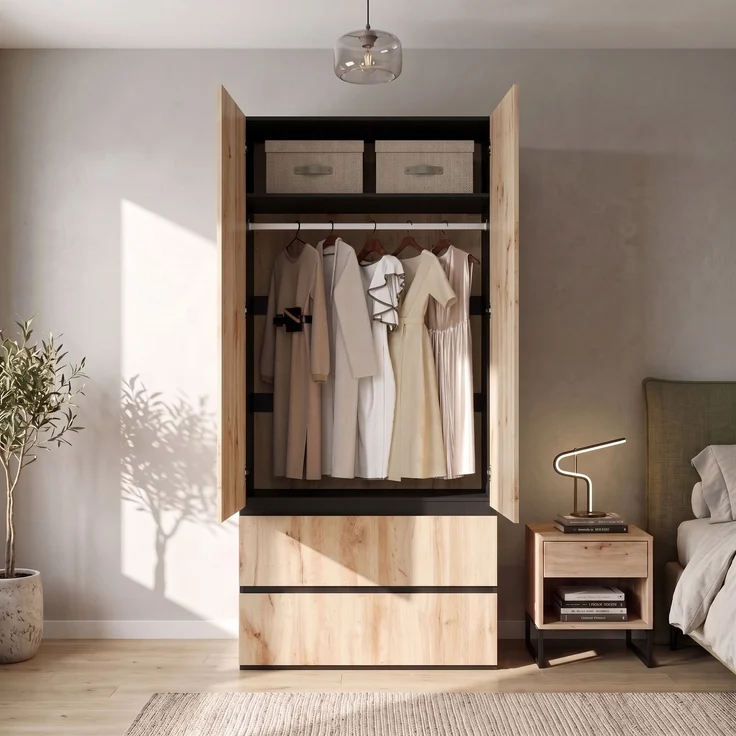 Kleiderschrank Garderobenschrank, 90 x 50 x 200 cm, mit 1 Kleiderstange, 2 Schubladen und 2 Türen, moderner Hochschrank für Schlafzimmer, Flur, Kinderzimmer oder Büro (Eiche Artisan/Weiß)--Holz--90x50x200cm--YOUDENOVA – Bild 3