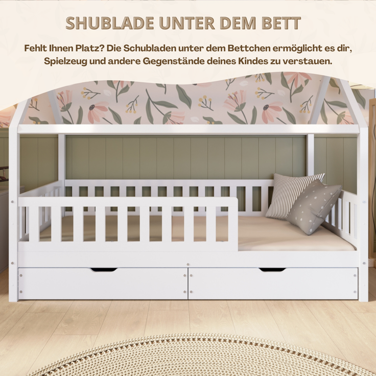 Crazy Pine 'Crazy Blanco' Hausbett mit Rausfallschutz, Skandinavisches Design, Naturholz, Weiß, 120x200 cm, mit Schubladen – Bild 7