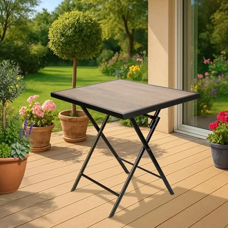 BRUBAKER Gartentisch Bergamo - 58 x 58 cm Balkontisch mit Holz Optik - Wetterfest (1-St, Klapptisch für Balkon, Terrasse - Bistrotisch), Metall Beistelltisch klappbar - Campingtisch eckig – Bild 9