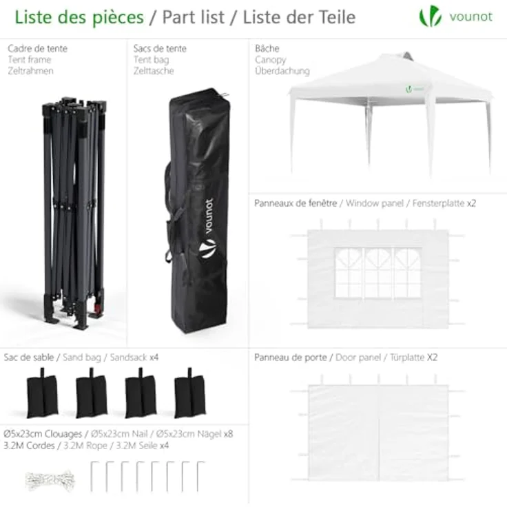 VOUNOT Pavillon 3x3 m Wasserdicht Stabil Winterfest, Pop Up Faltpavillon mit 4 Seitenteilen und 6 Sandsäcke, Faltbar Partyzelt Gartenzelt Gartenpavillon inkl. Tasche, Weiß – Bild 3