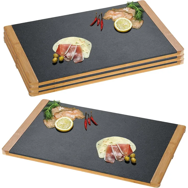 4 Buffetplatten, Schiefer mit Bambusrahmen - 45 x 30cm