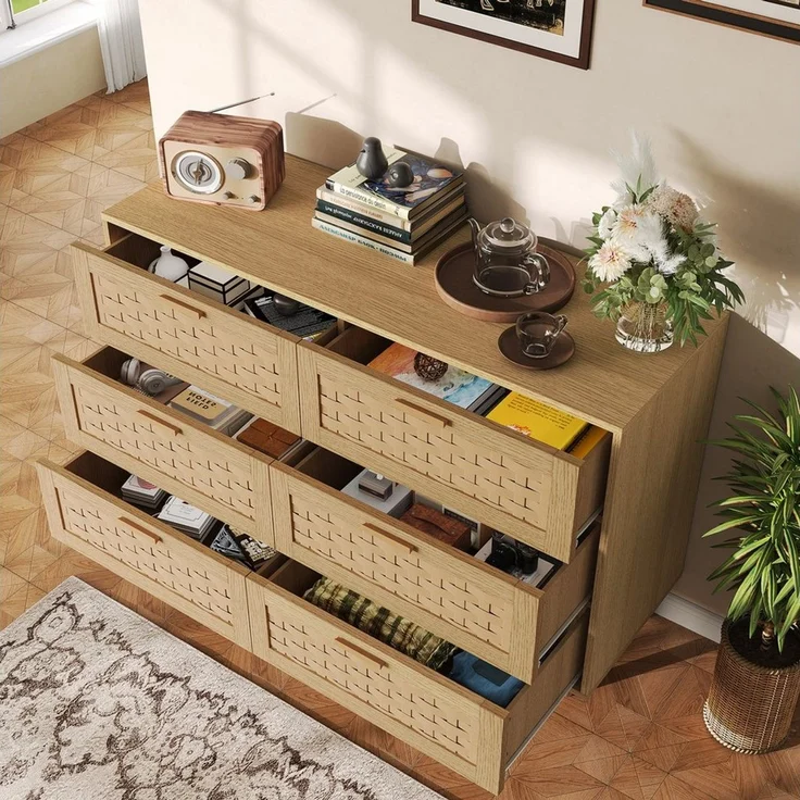 PXloue Sideboard Rattankommode, Kommode mit Schiebetüren mit 6 Schubladen, Schlafzimmerschrank mit viel Stauraum, 115 ×80 ×40 cm – Bild 2