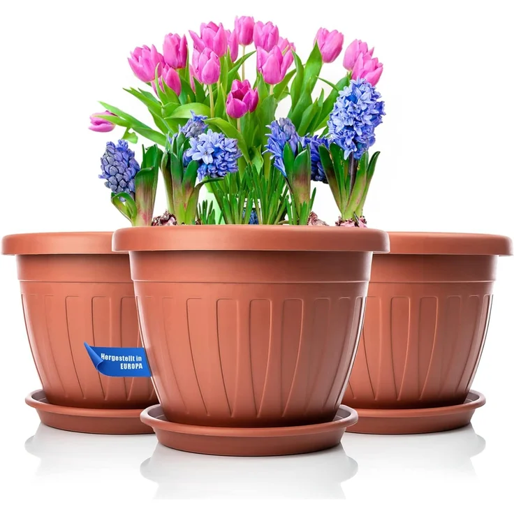 BigDean 3X Blumentopf mit Untersetzer rund ø33xH25 cm Terracotta - wetterfester Pflanzkübel - Wasserablauf UV-beständig aus bruchsicherem Kunststoff - Innen + Außen geeignet - Made in Europe – Bild 1