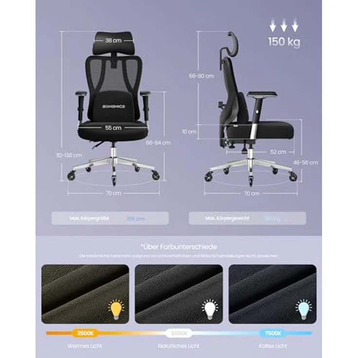 SONGMICS Bürostuhl ergonomisch, Schreibtischstuhl, Gaming-Stuhl, verstellbare Lenden-, Kopfstütze, Armlehnen, für Verschiedene Körpergröße, bis zu 150 kg belastbar, tintenschwarz OBN067BH01 – Bild 4