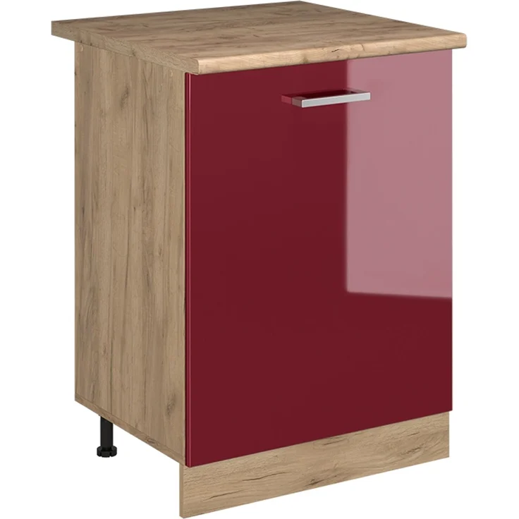 Küchenunterschrank R-Line Rot Hochglanz/Goldkraft Eiche 60 cm mit 1 Tür Arbeitsplatte Goldkraft Eiche Vicco – Bild 1