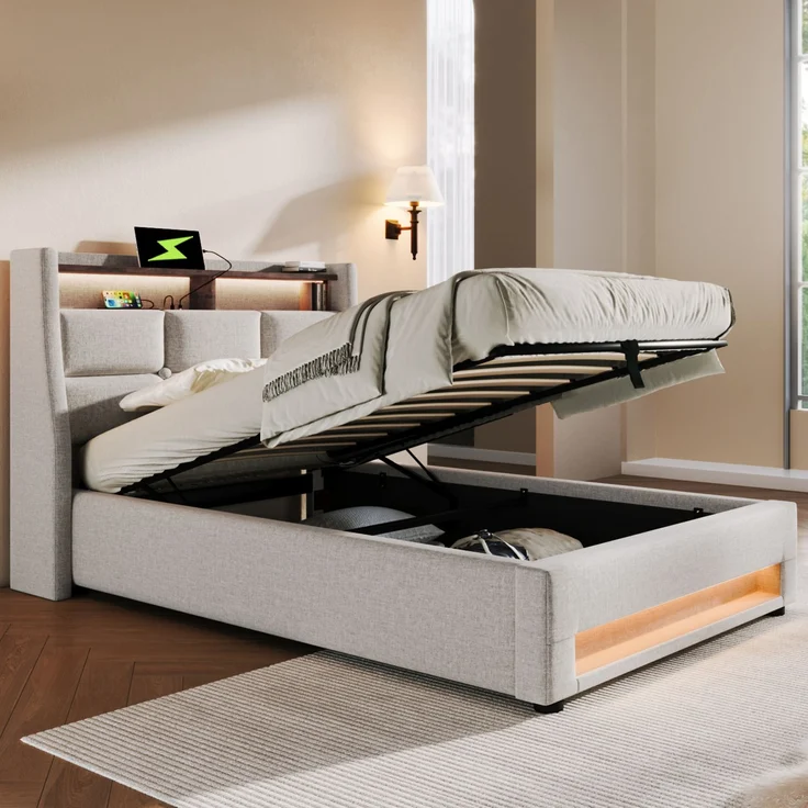 EINHOM Polsterbett mit USB 90 x 200 cm, LED Einzelbett mit Lattenrost aus Metallrahmen, Bettgestell aus Leinenmaterial Jugendbett, Hellbeige, (Ohne Matratze) – Bild 4