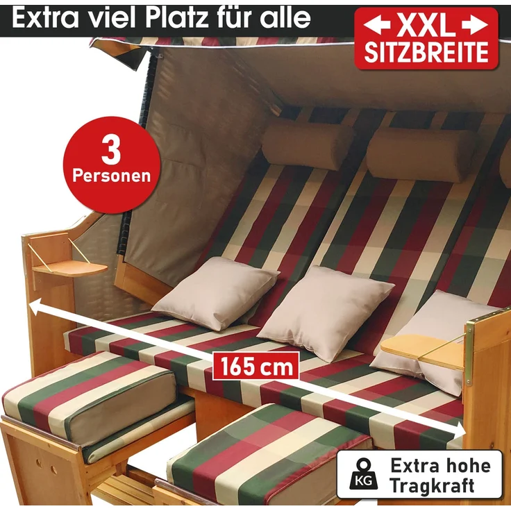 BRAST Strandkorb Usedom 3-Sitzer XXL für 2-3 Personen 165cm breit inkl. wetterfeste Abdeckhaube verstellbare Rückenlehne Fußkissen Rot/Grün/Beige - kariert – Bild 3