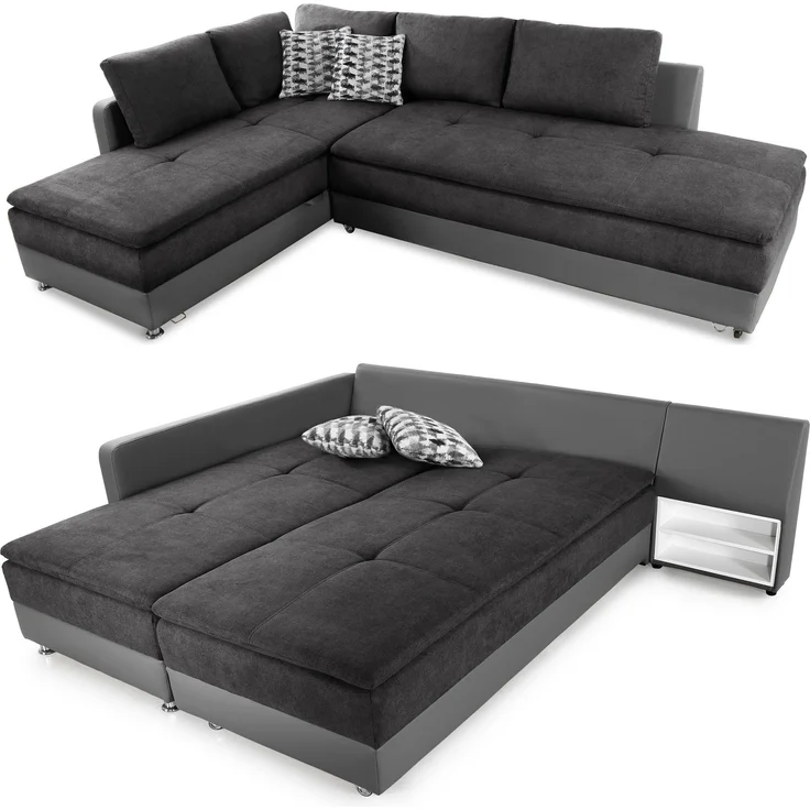 Ecksofa-Dauerschläfer Doppelbett Federkern Bettkasten Couch in Anthrazit Grau – Bild 1