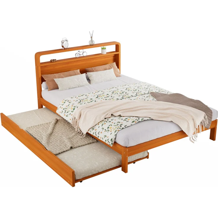 Merax Holzbett, Doppelbett, Kinderbett, 140x200 cm, mit Ausziehbett 90x190 cm, Funktionsbett mit links/rechts montierbarem Gästebett, Natur – Bild 10
