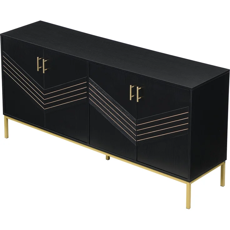 ZUBALIYA Sideboard 160x40x80,5 cm, mit verstellbaren Einlegeböden, mit 4 Türen, aus MDF, Schwarz / Holzfarben – Bild 18