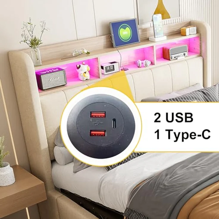 Ball & Cast Polsterbett (180x200 cm) mit USB-Anschluss und Lichtleiste, Hydraulische Lagerfunktion + Weicher Kantenschutz, Einfach & Zeitsparend Montierbar, Leinenstoff Beige – Bild 10