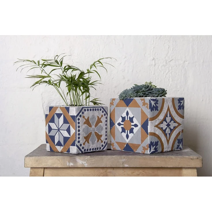 esschert design Blumentopf, Blumentopf Portugiesische Kacheln Beton 13,5x13,5xH13cm – Bild 3