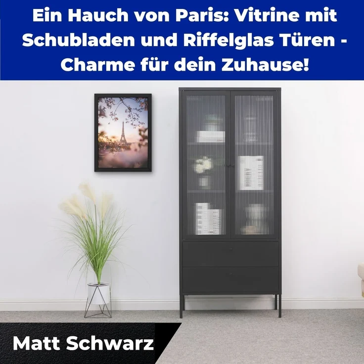 Mein-Regal Vitrine Paris aus Metall mit Schubladen und Glastüren Schwarz – Bild 6