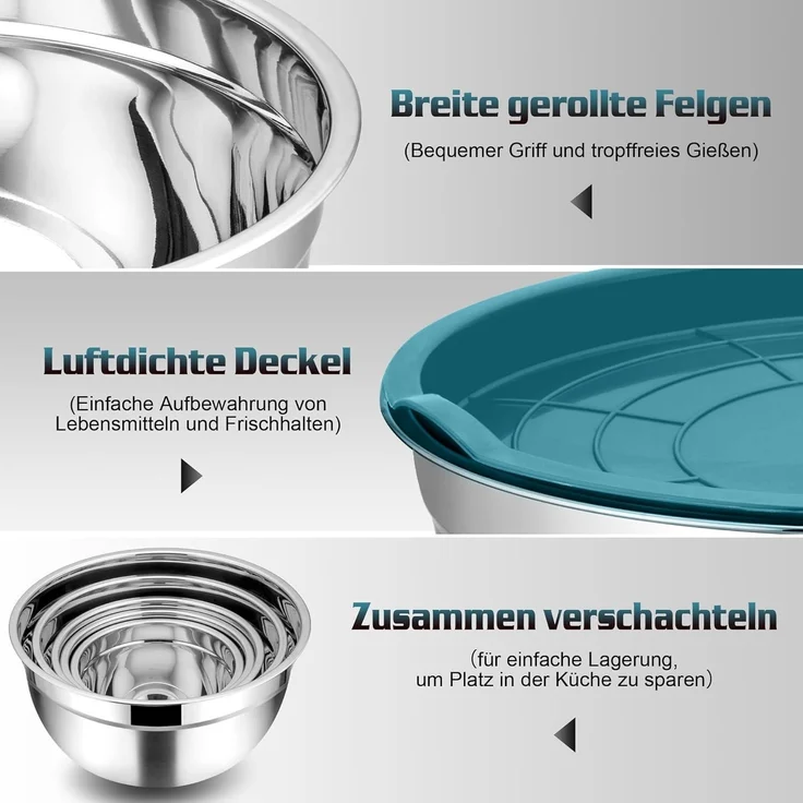 Homikit Rührschüssel Set 5-teilig Edelstahl Blau Schüssel mit Deckel – Bild 4