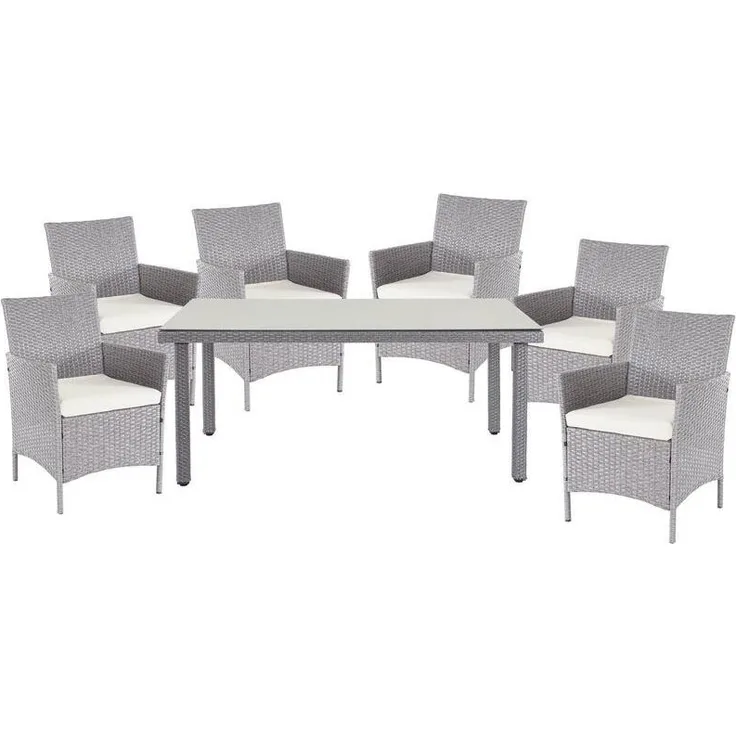 HHG - Poly-Rattan-Garnitur Hamar, Gartenmöbel Balkon-Set Sitzgarnitur grau, Kissen creme