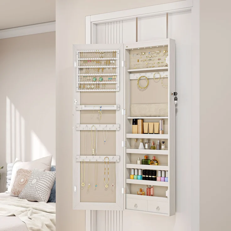 HOMCOM Schmuckschrank, MDF, Glasspiegel, Cremeweiß, 37 x 120 x 10 cm – Bild 2