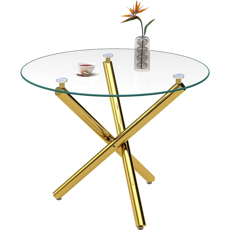 Runder Esstisch 80 x 80 x 76 cm mit Glasplatte, Metallgestell in Gold, modern und platzsparend – Bild 7