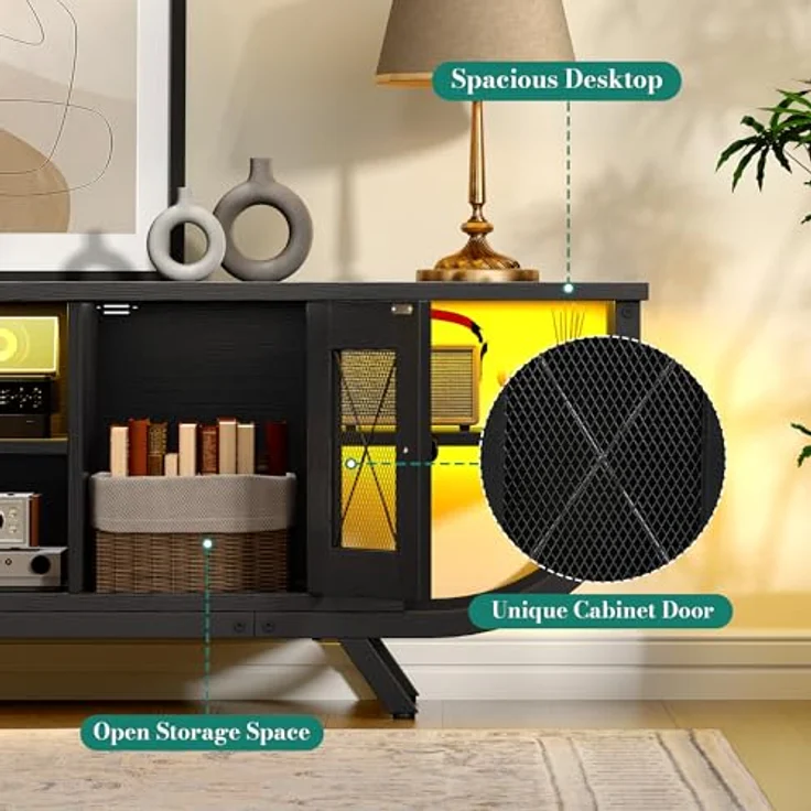 YITAHOME Industrielles TV-Schrank, TV Lowboard für Fernseher bis zu 55 Zoll mit LED-Beleuchtung,Wohnzimmer Fernsehschrank TV Board mit Offenen Stauraum (Schwarz, 140CM) – Bild 4