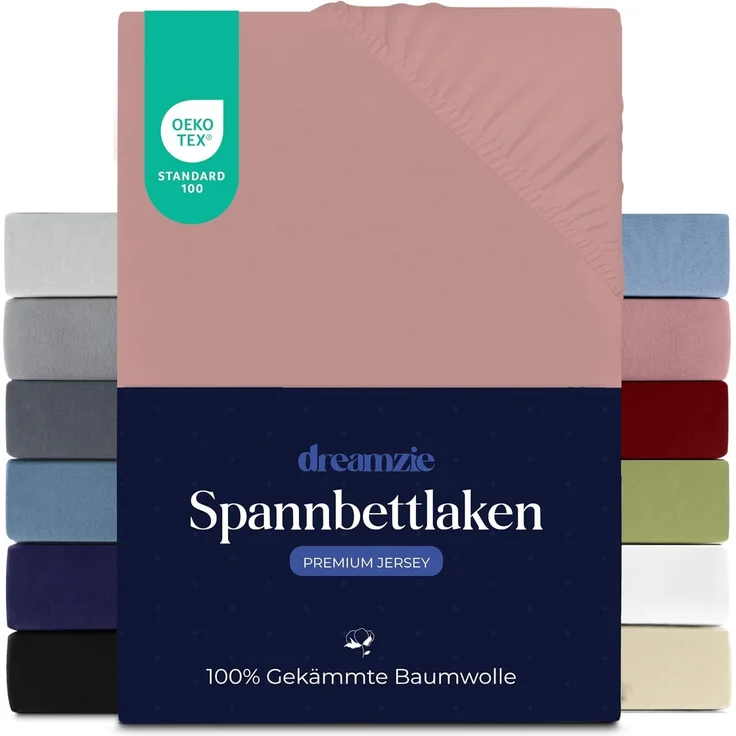 Dreamzie Premium Spannbettlaken 140x200 cm, Bettlaken 100% Jersey Baumwolle, Spannbetttuch für Dicke Matratzen bis zu 22 cm, 150 g/m², Oeko-TEX Zertifiziert - Rosa – Bild 1