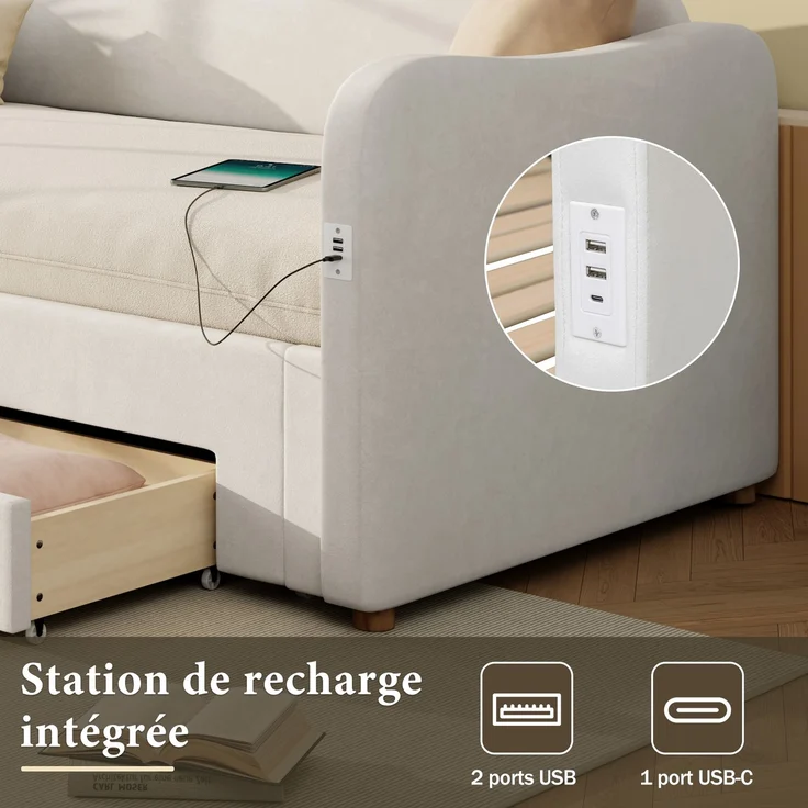 ZUBALIYA Schlafsofa 90 x 200 cm mit Schubladen, USB-Anschluss, gepolstertem Kopfteil, Samt, Beige – Bild 10