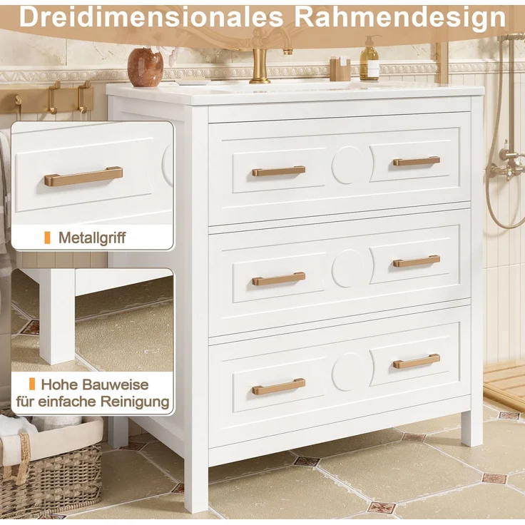 Waschtisch 76,5 x 47 x 82 cm, freistehend, weiß, mit Keramikbecken und 3 Schubladen – Bild 6