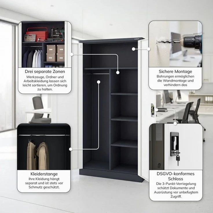 Jan Nowak Metallschrank 185 x 90 x 45 cm | Aktenschrank Abschließbar mit Kleiderstange, Pulverbeschichtung | Aufbewahrungsschrank Umkleideschrank Spind Kleiderstange | Anthrazit-Weiß – Bild 4