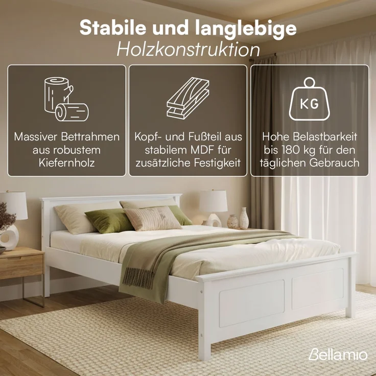 Bellamio 'Medje' Bett 140x200 cm in Kassettenoptik, Kiefer, weiß lackiert, Holzbett im Landhausstil mit Lattenrost, geeignet als Doppelbett – Bild 4