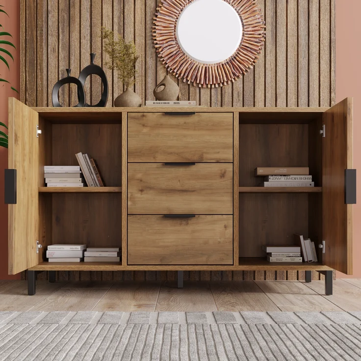 Kommode Spanplatte mit Metallbeinen, 2 Türen & 3 Schubladen, 120x40x76 cm, Dunkleiche – Bild 3