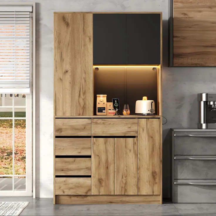 ZUBALIYA Küchenschrank 105x40x185 cm, mit LED-Beleuchtung, mit Steckdosen, mit verstellbaren Einlegeböden, aus MDF, Schwarz / Natur