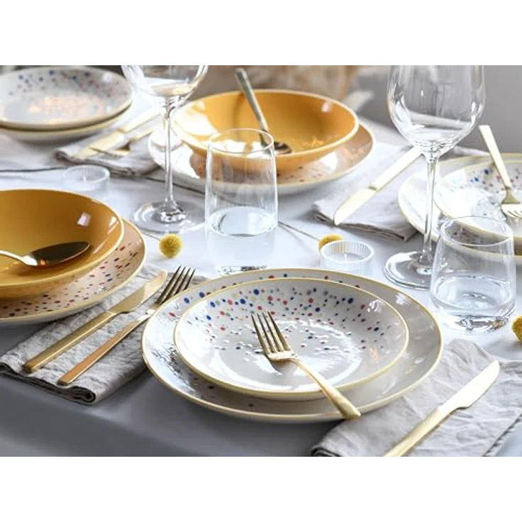 Creatable Tafelservice Joy, 12-teiliges Geschirrset in Gelb-bunt und Creme, handbemalt, lebensmittelecht, stapelbar – Bild 3