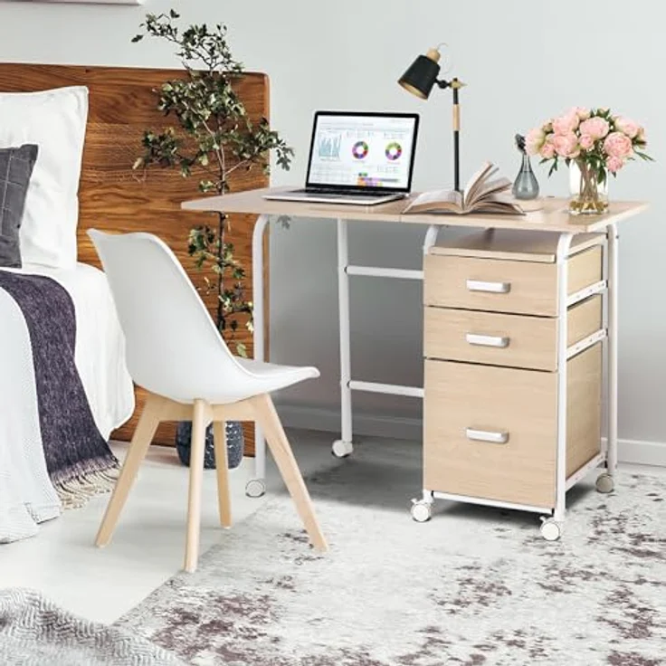FANTASK Schreibtisch, Klappbarer Bürotisch mit Metallrahmen, Klappschreibtisch mit 3 Schubladen & Rollen, platzsparender Computertisch für kleine Räume, 105 x 50 x 75 cm (Natur) – Bild 3