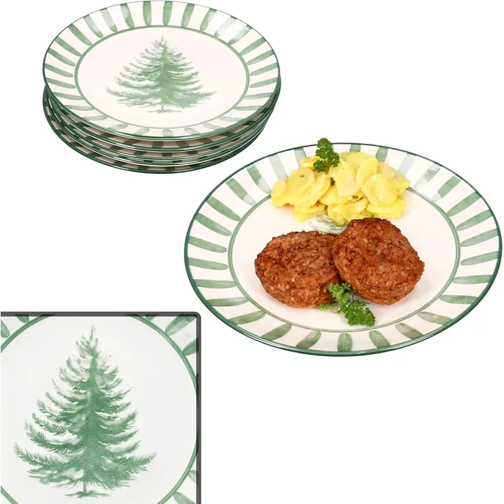 MamboCat Speiseteller 6x Wald grün Speiseteller Steingut 6 Personen Essteller Weihnachten, Weihnachtsgeschirr, Winter, Weihnachtsset, Geschirr