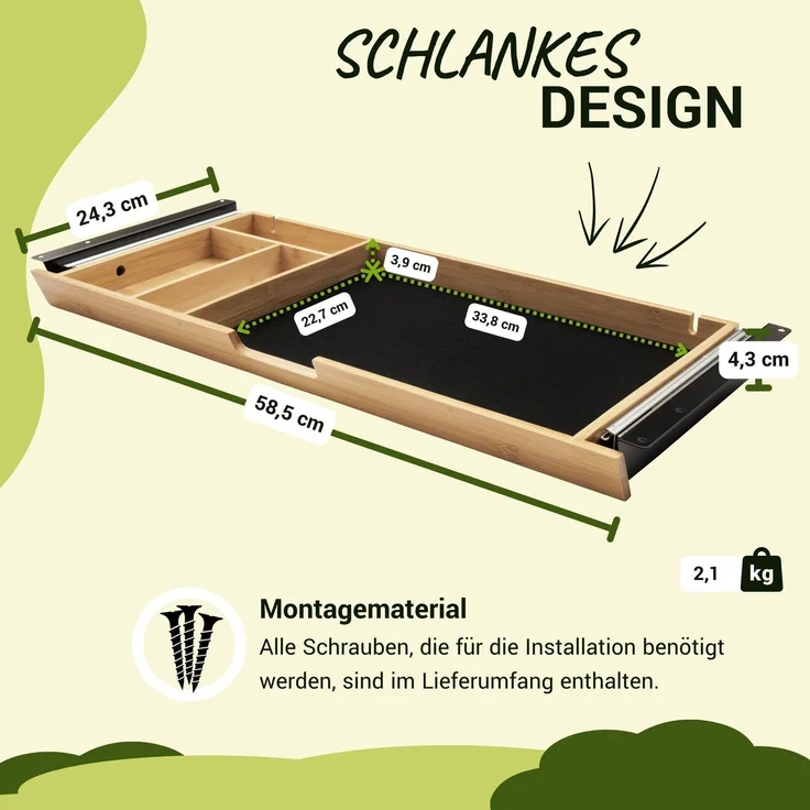 bümö Schreibtisch Organizer Schublade aus Bambus - große Unterbau Ablage für Stifte, Smartphones & Co. - einfach unter dem Tisch montierbar, Premium Schreibtisch Zubehör, us-bambus-gr – Bild 3