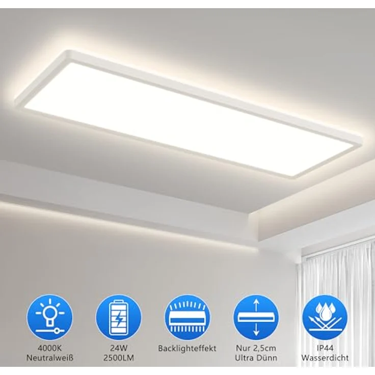 Feliigo LED Deckenleuchte Flach, 24W 2500LM, Rechteckig mit 4000K Neutralweiß und Hintergrundbeleuchtungseffekt, 580x200x25mm für Büro, Küche, Wohnzimmer – Bild 2