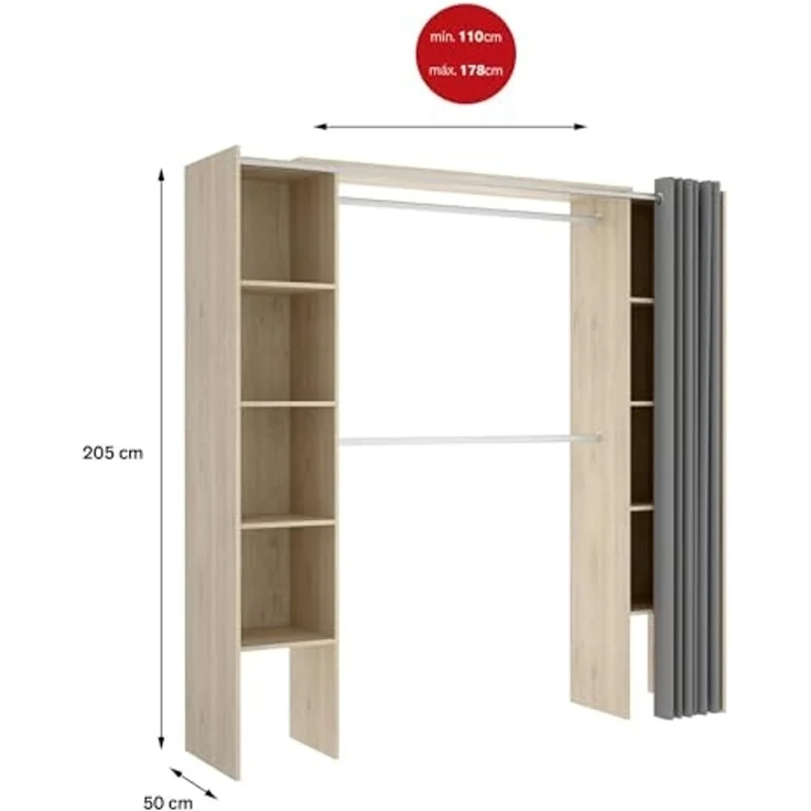 Dmora - Großer Kleiderschrank Manaslu, Schlafzimmermöbel, Schrank, Garderobe, 180x50 h205 cm, Eiche – Bild 2