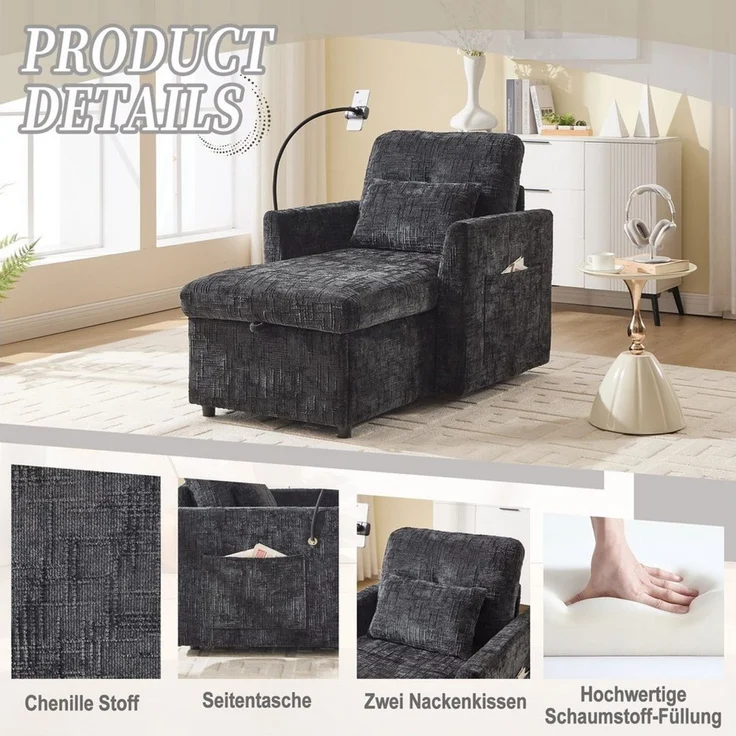 BlingBin Sofa Einzelsofa Freizeitstuhl Freizeit-Sofa, Einsitzer mit Stauraum, 125 x 84,5 x 87 cm 1 Teile, Einzelner Freizeitstuhl für Wohnzimmer Schlafzimmer kleiner Haushalt – Bild 3