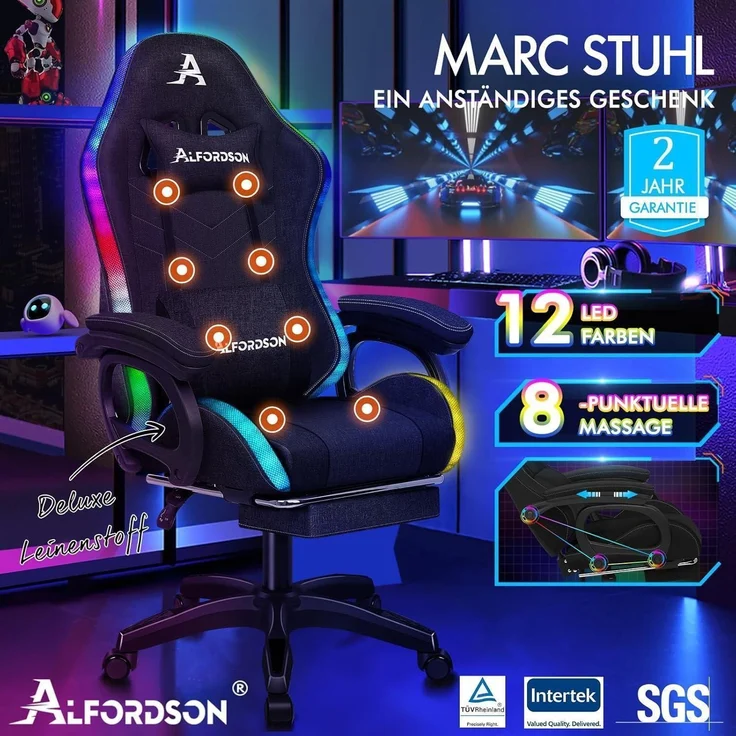 ALFORDSON Gaming Stuhl mit Massage RGB LED-Licht Ergonomisch Bürostuhl Schwarzes – Bild 7