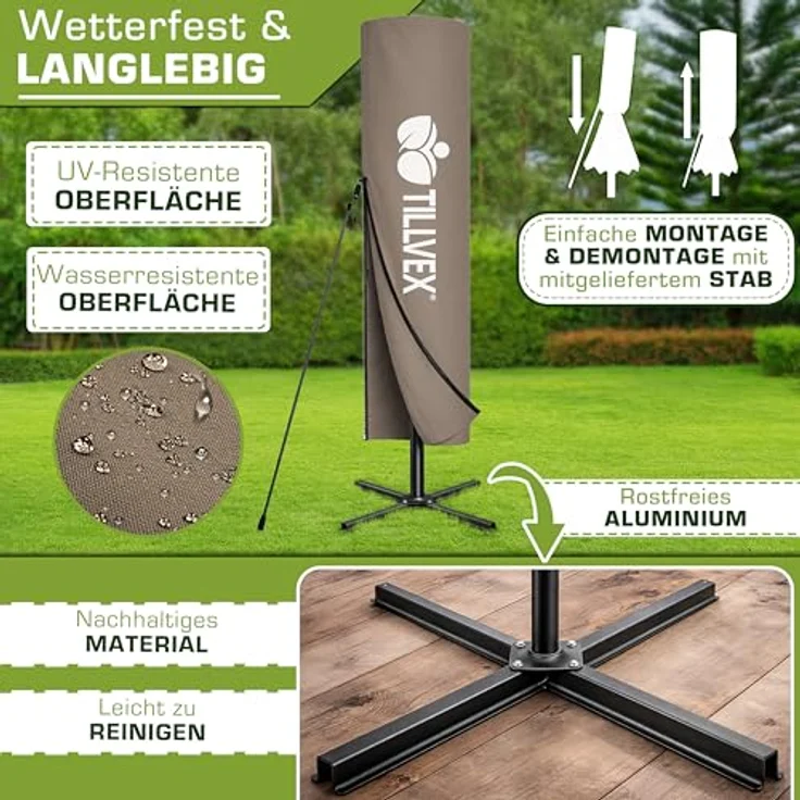 tillvex Sonnenschirm tillvex® eckig 235 x 235 cm Ampelschirm, Kurbelschirm mit 360° Drehung, wasserdicht, UV-Schutz bis UPF 50+, Aluminium, inkl. Abdeckung und Windschutz – Bild 4