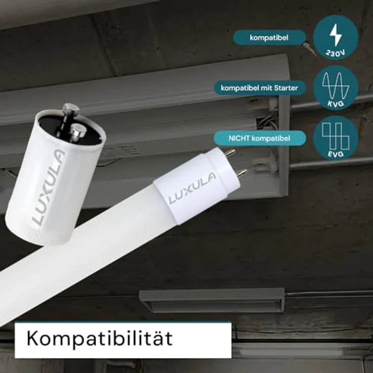 LUXULA LED Röhre 120cm T8 G13, 18W 2880lm Kaltweiß 6000K, bruchsicher und blendfrei, inkl. Starter-Brücke – Bild 5