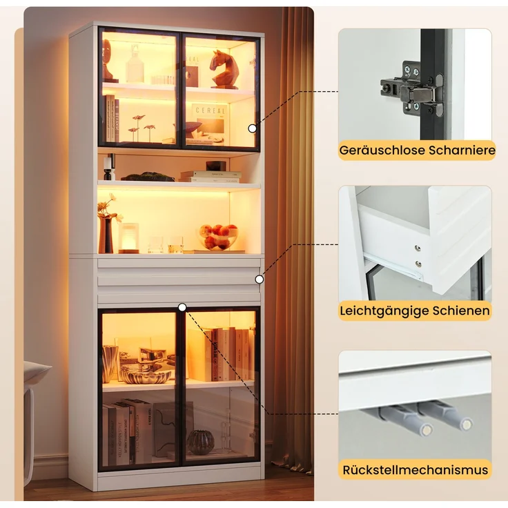 DESVIAE Regal-Set 2-tlg. Weiß aus MDF – 160x200x35 cm – 8 Glastüren, 2 Schubladen, LED-Beleuchtung – Bild 6