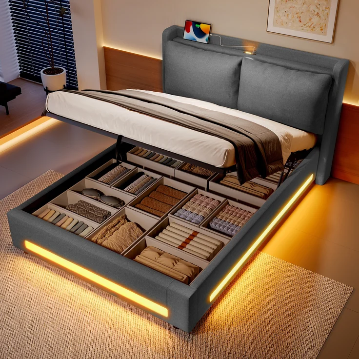 LVHOM Polsterbett 140x190cm mit LED&USB, Doppelbett mit Stauraum, Stauraumbett mit abnehmbaren Kissen, Bettgestell Massiv, Samtstoff, Grau – Bild 9