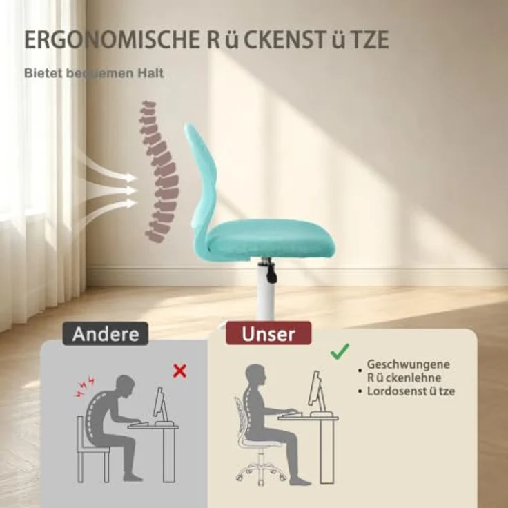 MEUBLE Cosy Bürostuhl 2er Set, Drehstuhl Höhenverstellbar, Schreibtischstuhl ohne Armlehnen, Computerstuhl mit Rollen, Arbeitsstuhl für Homeoffice, Lernen und Jugendzimmer, Violett + Türkis – Bild 6
