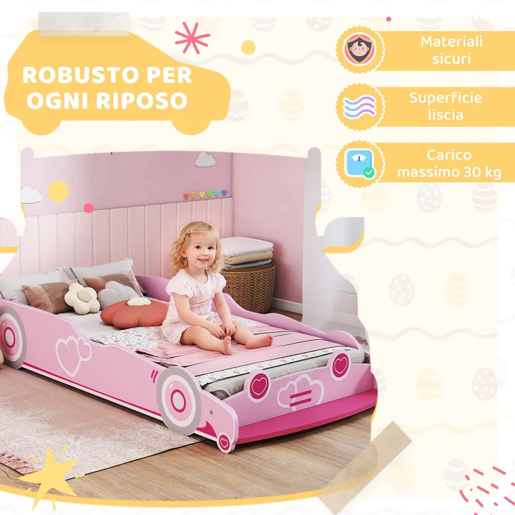 JARDJ Autoförmiges Kinderbett für 3- bis 5-Jährige mit erhöhten Sicherheitsseiten, 140 x 70 cm, Rosa – Bild 8