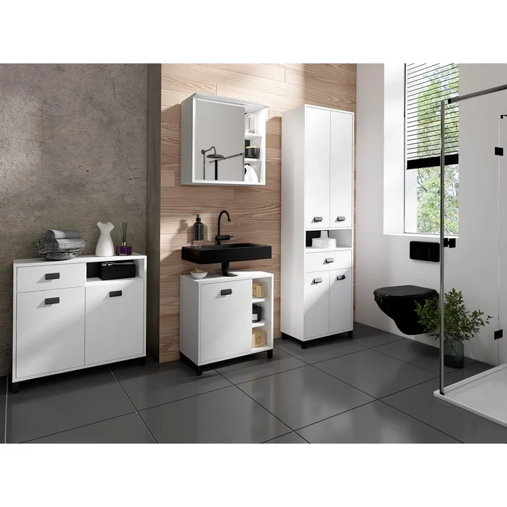 byLIVING Badezimmer Spiegelschrank WELLNESS mit LED-Beleuchtung & Steckdose / Moderner, 1-türiger Spiegel Hängeschrank in Melamin weiß / Wandschrank mit Spiegeltür / B 60, H 61, T 28 cm – Bild 2