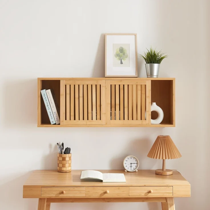 Wandregal Grums mit zwei Schiebetüren 92,5x20x33cm Bambus [en. casa] – Bild 3