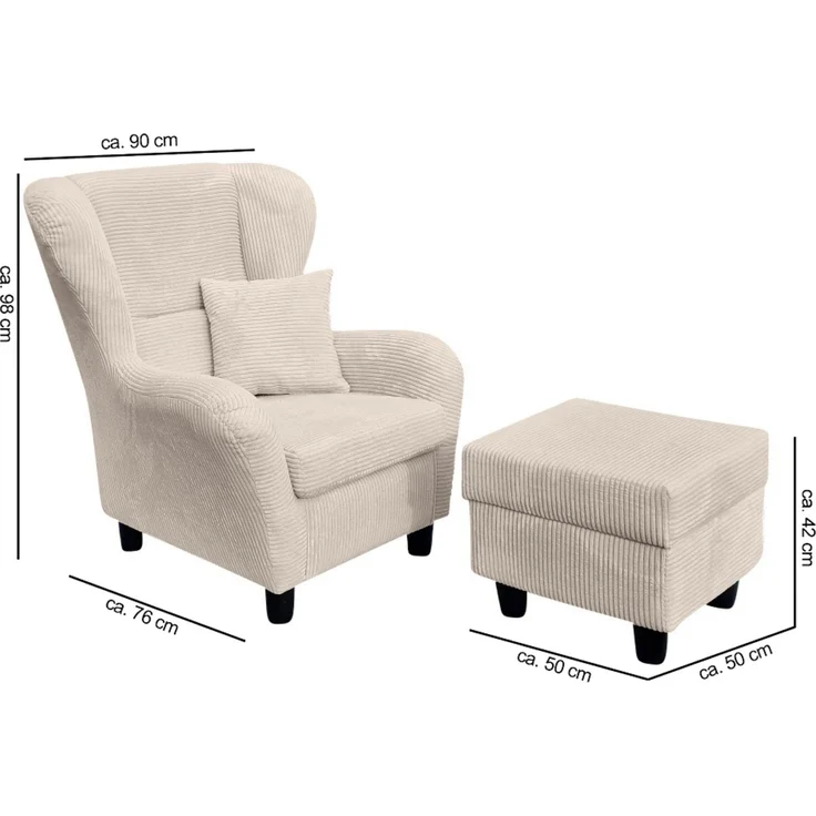 Ohrensessel mit Hocker Landhausstil Polster-TV-Lesesessel Cordstoff Beige Creme – Bild 8